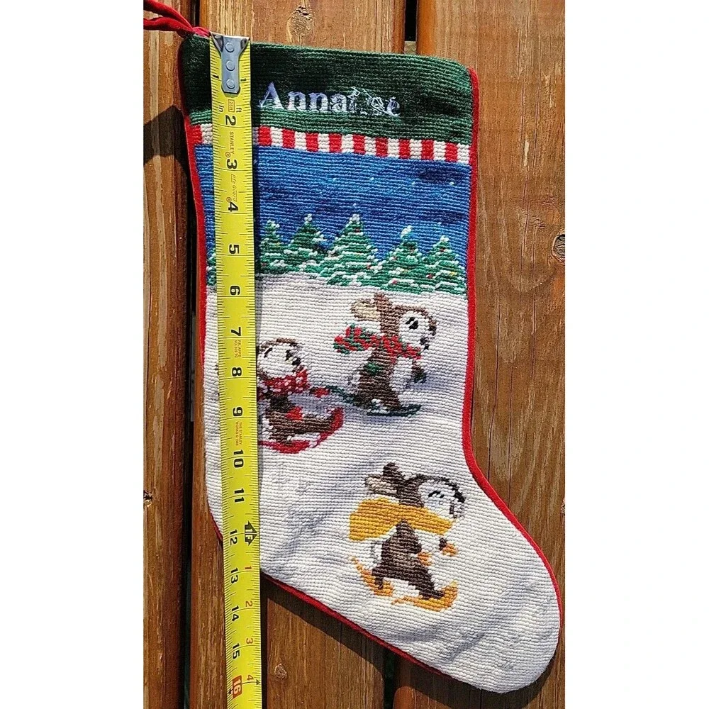 Lands End Bunnies Needlepoint Christmas Stocking Wool Green Red Cotton FLAW